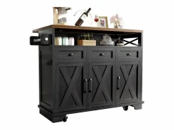 Hot ModernLuxe Isla de cocina central móvil - Tablero extensible - 3 cajones y 3 puertas - estantes abiertos - con toallero - MDF - Negro