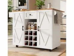 New ModernLuxe Isla de cocina central móvil - Tablero extensible - 1 cajón y 3 puertas con estantes - con toallero - MDF - blanco y natural Color natural claro / Blanco
