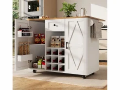 New ModernLuxe Isla de cocina central móvil - Tablero extensible - 1 cajón y 3 puertas con estantes - con toallero - MDF - blanco y natural Color natural claro / Blanco