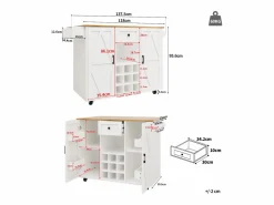New ModernLuxe Isla de cocina central móvil - Tablero extensible - 1 cajón y 3 puertas con estantes - con toallero - MDF - blanco y natural Color natural claro / Blanco