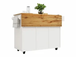 New ModernLuxe Isla de cocina central móvil - Tablero extensible - 1 cajón y 3 puertas con estantes - con toallero - MDF - blanco y natural Color natural claro / Blanco