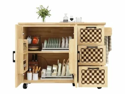 ModernLuxe Isla de cocina central móvil - Tablero extensible - 120x45x92 cm - 2 puertas - con toallero - MDF - decoración de celosía - Natural