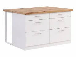 Hot Isla de cocina con 6 cajones de MDF y metal - Blanco y Natural claro - ALEGRITA Isla Cocina