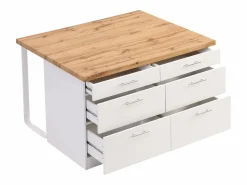 Hot Isla de cocina con 6 cajones de MDF y metal - Blanco y Natural claro - ALEGRITA Isla Cocina