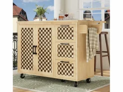 Online Hauss Spole Isla de cocina con 2 puertas y 3 cajones, encimera extensible, diseño de tablero de ajedrez, color natural Color natural claro