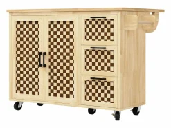 Online Hauss Spole Isla de cocina con 2 puertas y 3 cajones, encimera extensible, diseño de tablero de ajedrez, color natural Color natural claro
