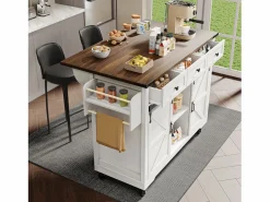 Outlet Isla de cocina con encimera abatible - Carrito de cocina con 2 puertas correderas y 3 cajones - toallero y portavasos - Isla Cocina