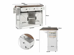 Outlet Isla de cocina con encimera abatible - Carrito de cocina con 2 puertas correderas y 3 cajones - toallero y portavasos - Isla Cocina