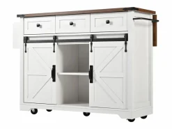 Outlet Isla de cocina con encimera abatible - Carrito de cocina con 2 puertas correderas y 3 cajones - toallero y portavasos - Isla Cocina