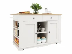 Clearance Isla de cocina con encimera abatible, carrito de cocina con toma de corriente, MDF y metal, y natural (151,5x59,7x91,7 cm) Isla Cocina