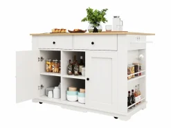 Clearance Isla de cocina con encimera abatible, carrito de cocina con toma de corriente, MDF y metal, y natural (151,5x59,7x91,7 cm) Isla Cocina