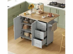 Best Hauss Spole Isla de cocina con ruedas 137x43/76 cm con 3 cajones y 2 puertas - y madera Gris