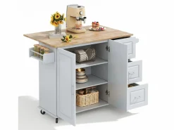 Best Hauss Spole Isla de cocina con ruedas 137x43/76 cm con 3 cajones y 2 puertas - y madera Gris