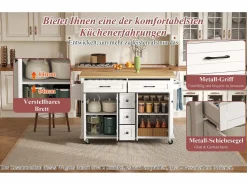 Hot Isla de cocina con ruedas - 140 x 65 x 89 cm - con encimera extensible + 5 cajones + 4 puertas - Isla Cocina