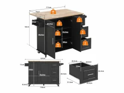 Hot Isla de cocina con ruedas 137x43/76 cm con 3 cajones y 2 puertas - y madera Isla Cocina