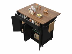 New Merax Isla de cocina con ruedas - 140 x 45 x 90 cm - con encimera extensible + 4 puertas + 2 cajones - Metal + MDF - Negro