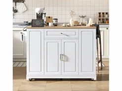 Hot Hauss Spole Isla de cocina con ruedas con USB, 2 cajones y 2 puertas - Compartimento para papelera - y natural Blanco