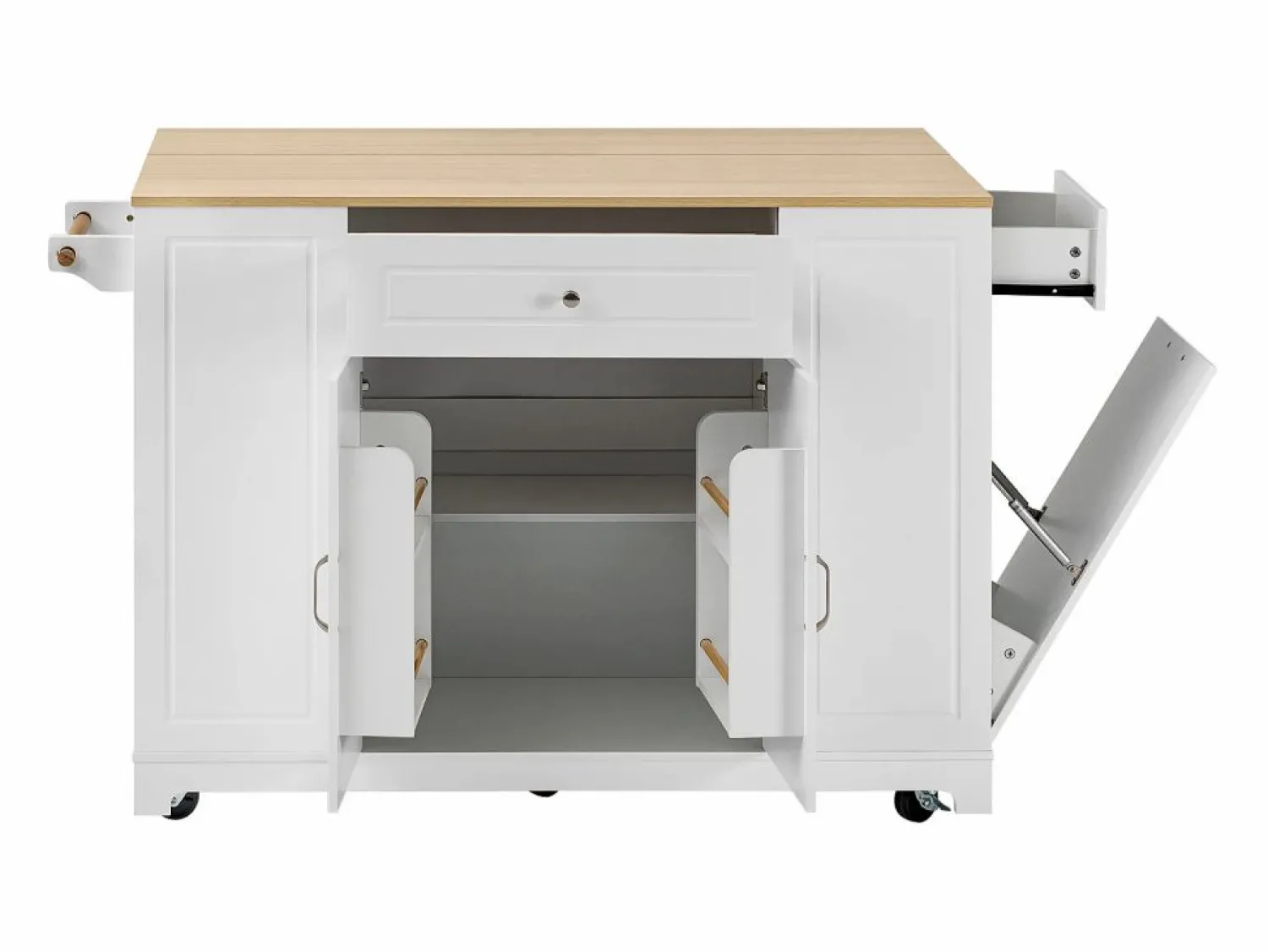 Hot Hauss Spole Isla de cocina con ruedas con USB, 2 cajones y 2 puertas - Compartimento para papelera - y natural Blanco