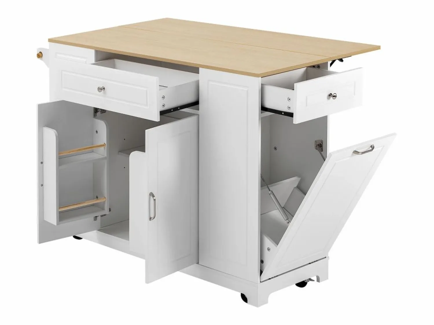 Hot Hauss Spole Isla de cocina con ruedas con USB, 2 cajones y 2 puertas - Compartimento para papelera - y natural Blanco