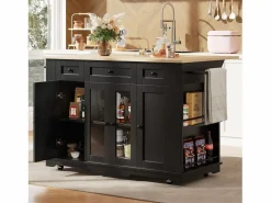 Clearance Isla de cocina con tablero abatible, separadores extraíbles, aparador de cristal templado, MDF y metal, color y natural (151,5x60x91,7 cm) Negro