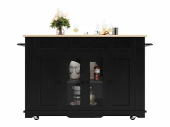 Clearance Isla de cocina con tablero abatible, separadores extraíbles, aparador de cristal templado, MDF y metal, color y natural (151,5x60x91,7 cm) Negro