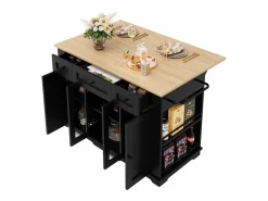 Clearance Isla de cocina con tablero abatible, separadores extraíbles, aparador de cristal templado, MDF y metal, color y natural (151,5x60x91,7 cm) Negro