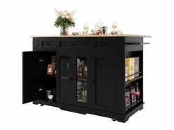 Clearance Isla de cocina con tablero abatible, separadores extraíbles, aparador de cristal templado, MDF y metal, color y natural (151,5x60x91,7 cm) Negro