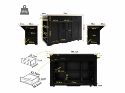 Clearance Isla de cocina con tablero abatible, separadores extraíbles, aparador de cristal templado, MDF y metal, color y natural (151,5x60x91,7 cm) Negro