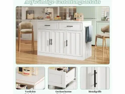Isla de cocina con tomas de corriente, puertos USB, estantes ajustables y barra (120x60x91cm)