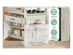 Isla de cocina con tomas de corriente, puertos USB, estantes ajustables y barra (120x60x91cm)