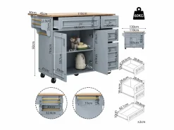 ModernLuxe Isla de cocina moderna 130×45×92 cm - con 5 cajones y 2 puertas - encimera extensible - con ruedas -
