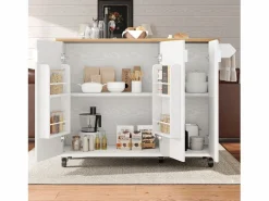 New ModernLuxe Isla de cocina moderna 130x45x92cm - 3 puertas - con estante para especias - tablero extensible - con ruedas - Blanco