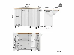 New ModernLuxe Isla de cocina moderna 130x45x92cm - 3 puertas - con estante para especias - tablero extensible - con ruedas - Blanco