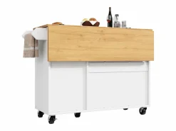 New ModernLuxe Isla de cocina moderna 130x45x92cm - 3 puertas - con estante para especias - tablero extensible - con ruedas - Blanco