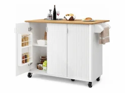 New ModernLuxe Isla de cocina moderna 130x45x92cm - 3 puertas - con estante para especias - tablero extensible - con ruedas - Blanco