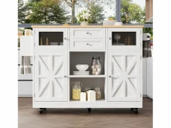 Sale ModernLuxe Isla de cocina móvil 140×70×93,5 cm - 2 cajones y 4 puertas - encimera extensible - estantes ajustables - Blanco