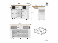 Sale ModernLuxe Isla de cocina móvil 140×70×93,5 cm - 2 cajones y 4 puertas - encimera extensible - estantes ajustables - Blanco