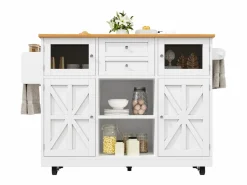 Sale ModernLuxe Isla de cocina móvil 140×70×93,5 cm - 2 cajones y 4 puertas - encimera extensible - estantes ajustables - Blanco