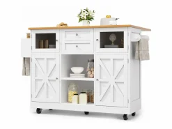 Sale ModernLuxe Isla de cocina móvil 140×70×93,5 cm - 2 cajones y 4 puertas - encimera extensible - estantes ajustables - Blanco