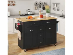 ModernLuxe Isla de cocina móvil - encimera extensible - 5 cajones y 4 puertas - con toallero - MDF - negro