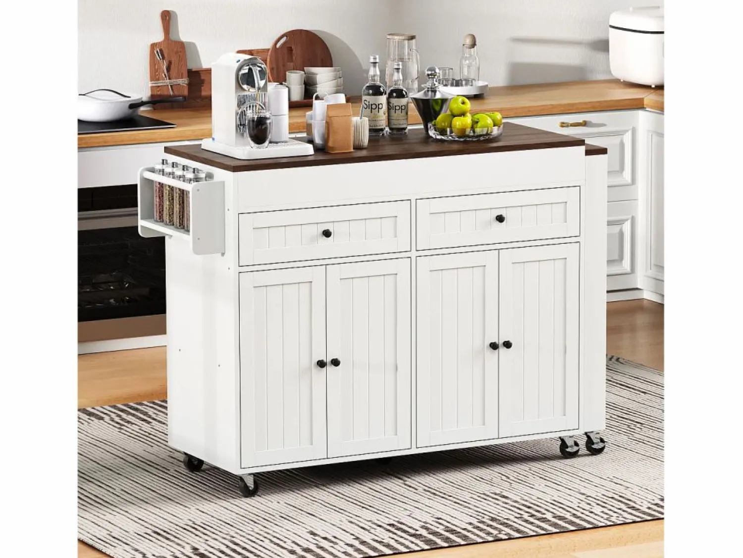 Sale Isla de cocina móvil blanca - Carrito de cocina con 4 puertas y 2 cajones - Superficie extensible y especiero Isla Cocina
