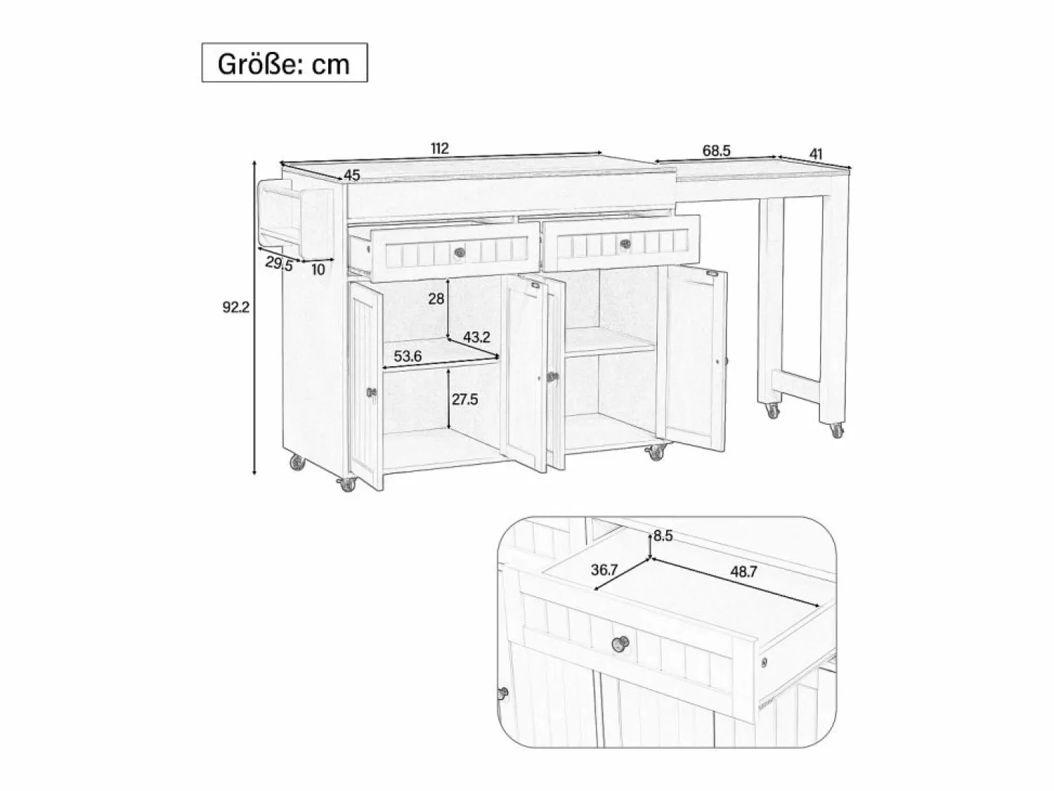 Sale Isla de cocina móvil blanca - Carrito de cocina con 4 puertas y 2 cajones - Superficie extensible y especiero Isla Cocina