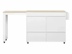 Hot Isla de cocina móvil blanca - Carrito de cocina con 4 puertas y 2 cajones - tablero de madera extensible y especiero Color natural claro / Blanco