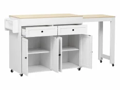 Hot Isla de cocina móvil blanca - Carrito de cocina con 4 puertas y 2 cajones - tablero de madera extensible y especiero Color natural claro / Blanco