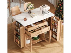 Best ModernLuxe Isla de cocina móvil central - mesa de comedor plegable - con espacio de almacenamiento y estante para especias - con ruedas - Natural Color natural claro