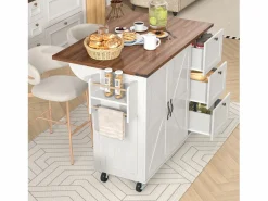 Clearance Merax Isla de cocina móvil central con 2 puertas y 3 cajones - tapa extensible - 140 x 45/73 x 92,5 cm - Madera MDF + metal - + natural Blanco