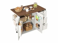 Clearance Merax Isla de cocina móvil central con 2 puertas y 3 cajones - tapa extensible - 140 x 45/73 x 92,5 cm - Madera MDF + metal - + natural Blanco