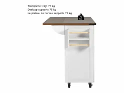 Clearance Merax Isla de cocina móvil central con 2 puertas y 3 cajones - tapa extensible - 140 x 45/73 x 92,5 cm - Madera MDF + metal - + natural Blanco