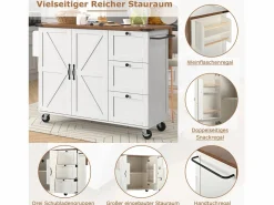 Clearance Merax Isla de cocina móvil central con 2 puertas y 3 cajones - tapa extensible - 140 x 45/73 x 92,5 cm - Madera MDF + metal - + natural Blanco