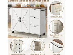 Clearance Merax Isla de cocina móvil central con 2 puertas y 3 cajones - tapa extensible - 140 x 45/73 x 92,5 cm - Madera MDF + metal - + natural Blanco